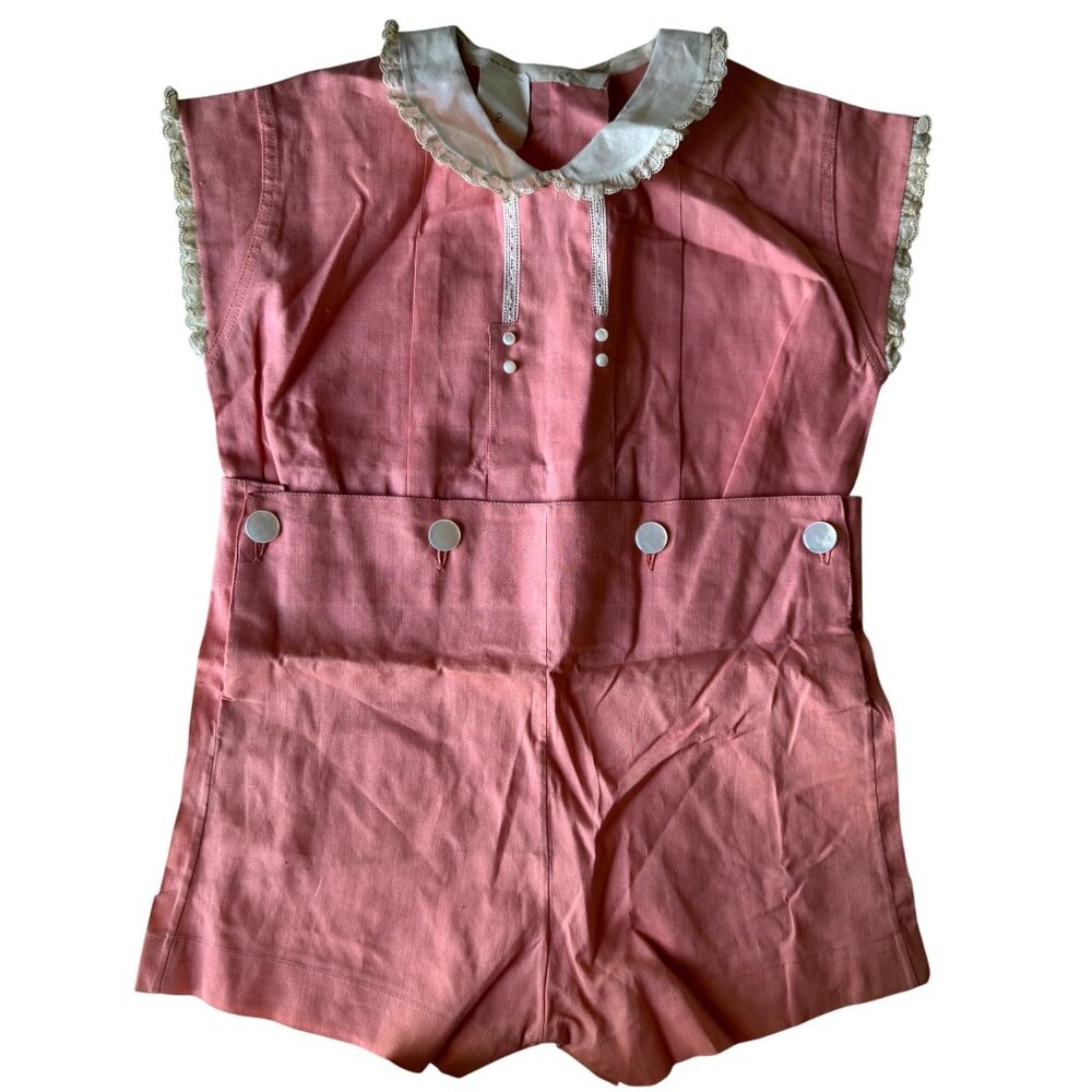 Vintage 1940s Childs Peach Pink Romper Shorts Lace Trim & Buttons 2 Piece